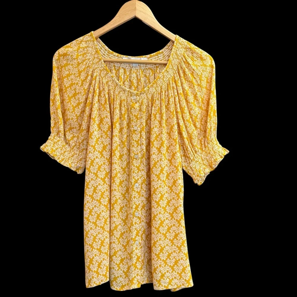 Loft Floral Smocked Puff‎ Sleeve Crinkle Knit Mustard Yellow Blouse Small #233